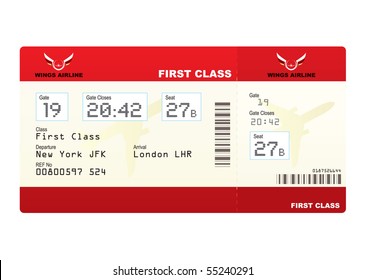 Red first class plane ticket with gate number and seat