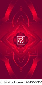 Sinal de chakra vermelho da primeira raiz Muladhara. Ilustração vertical vetorial. Flor de mandala abstrata. Fundo escuro. Fundo oriental. Quadro de círculo de símbolo. Banner de classe de ioga de design de Chakras. Aura de meditação
