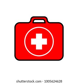 Red first-aid kit with a white cross and white ring, medical set, black stroke, simple vector illustration, isolated, white background