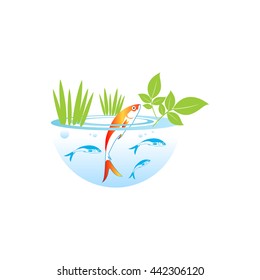 Red fish in blue circle. Aquaponics System with Fish icon, logo, sign. Vector.