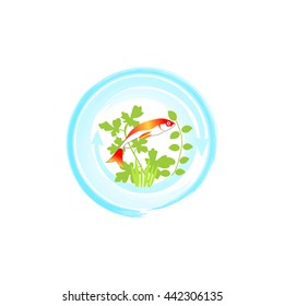 Red fish in blue circle. Aquaponics System with Fish icon, logo, sign. Vector.