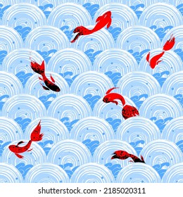 Red fish in blue water. Seamless pattern. Vector