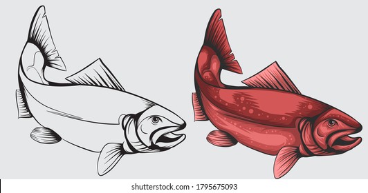 Red Fish cartoon character colour and line art vector design