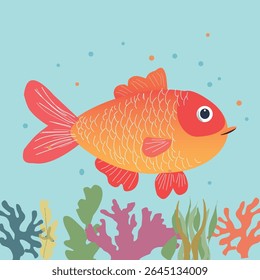 red fish cartoon character, fish in the water with seaweeds,corals ,nautical vector illustration