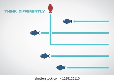 Red fish changing direction and blue ones. New idea, change, trend, courage, creative solution, innovation and unique way concept.