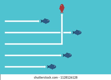 Red fish changing direction and blue ones. New idea, change, trend, courage, creative solution, innovation and unique way concept.