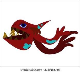 Ein roter Fisch als cleverer Kämpfer in einem Kampf. Dieses Logo kann als Werbekonzept für den Fischereisektor verwendet werden. Vektorgrafik einzeln.