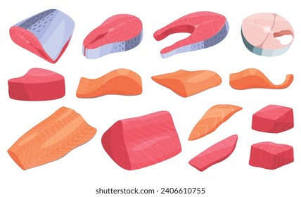 Red fish fillets and steaks, seafood. Raw pieces of fish meat. Ingredients for restaurant dishes. Vector illustration