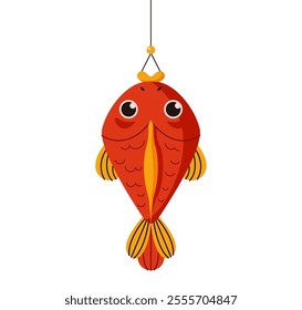 Red fish hanging on string for lunar New Year flat color vector object. Traditional symbol of prosperity and good luck illustration on white