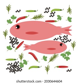 Red Fish and ingredients Illustration.