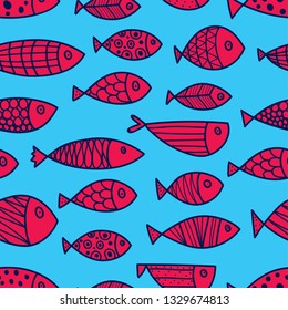 Red fish.  Kids background. Seamless pattern. Can be used in textile industry, paper, background, scrapbooking.