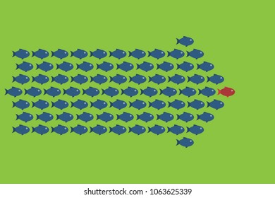 Red fish as a leader among others, leadership, teamwork, motivation, stand out of the crowd concept, EPS10 vector