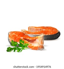 Red fish low poly. Fresh, nutritious, tasty fish steak. Trout. Vector illustration. Salmon in triangulation technique. 