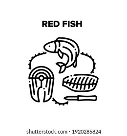 Red Fish Meat Vector Icon Concept. Red Fish Salmon Sliced With Knife Fillet And Steak Marine Meal. Delicious Delicacy Healthy Diet Seafood Piece And Kitchen Utensil Black Illustration
