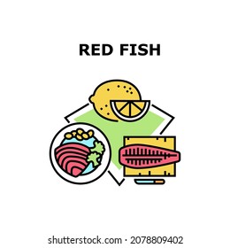Red Fish Meat Vector Icon Concept. Red Fish Meat Fillet Preparing On Kitchen Wooden Desk For Cooking Delicious Dish With Broccoli And Beans Vegetables Spiced Lemon Citrus Color Illustration