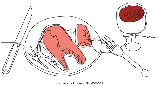 Red fish on a plate with a fork, knife and red wine. Lunch in one line on a white screen. Stock vector image of food and alcohol.