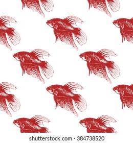 red fish pattern,vector seamless background with painted fish rooster, graphic hand draw pattern, aquarium fish background,artist paper media