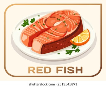 Pedazo de pescado rojo en una Ilustración vectorial de plato. Icono de comida de salmón de dibujos animados con vajilla y guarnición. Preparación y presentación de alimentos. Elementos de cocina, vajilla y guarnición