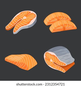 Red fish pieces, delicious sashimi slices, salmon steak illustration and fillet flat vector illustration set. Salmon slices collection