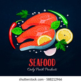 Red fish pieces with the different vegetables on a black background and text below. Healthy food cooking concept Vector illustration.