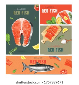 Red fish realistic banners set of living fish and dish made from salmon isolated vector illustration
