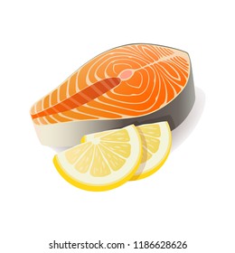 Red fish salmon steak with lemon cuts. Fresh meat icon
