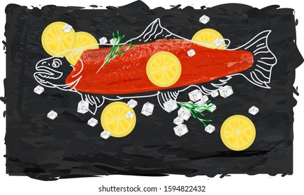 red fish salmon trout scales fillet slice cut half with white background vector art 3D graphics for Notepad or lettering summer bright cute Wallpaper citrus images download eps texture for restaurant 