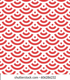 Red fish scale background of concentric circles. Abstract seamless pattern looks like roofing tiles. Vector illustration.