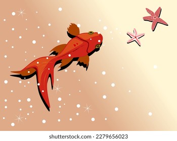 Roter Fisch von oben und Seesterne auf sandfarbenem Hintergrund