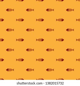 Red Fish skeleton icon isolated seamless pattern on brown background. Fish bone sign. Vector Illustration