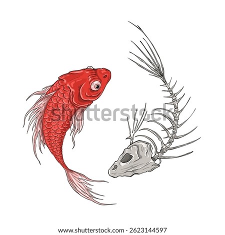 Red fish and fish skeleton swimming in circle, symbol of life and death