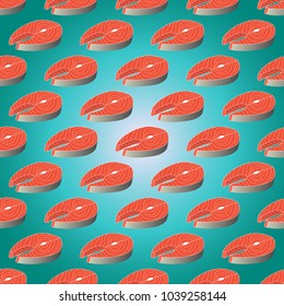 Red fish slices often located on blue background seamless pattern