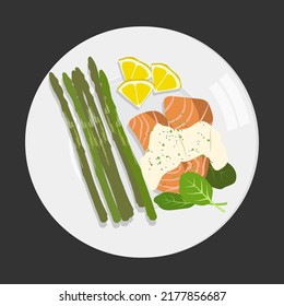 Red fish steak in flat style, lemon slice, black pepper, asparagus on white plate. Eco-friendly fish food. The color flat vector illustration is highlighted on a dark background.