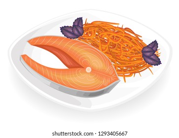 
Red fish steak on a plate. Garnish Korean carrot. Green leaves basil. Delicious, tasty and nutritious food. Vector illustration.