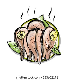 Red fish steak on plate, sketch for your design