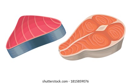 Red Fish Steak and Slab as Seafood and Marine Delicacy Vector Set