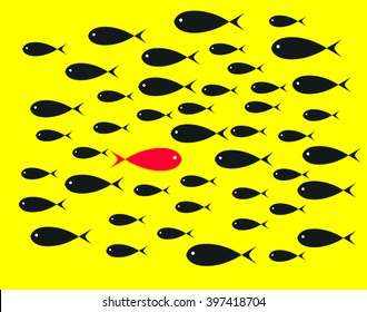 Red  Fish swim opposite upstream the ton of black fish on yellow background illustrations