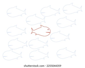 Los peces rojos nadan en una dirección única. el valor de ser diferente. vector 