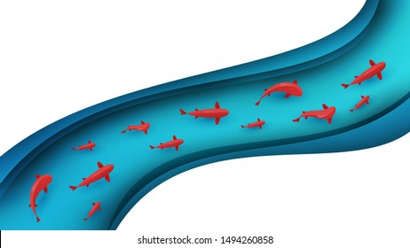 Red fish swim in water. Vector japanese koi carp or golden fish in cartoon paper style. Top view. Minimalistic design illustration.