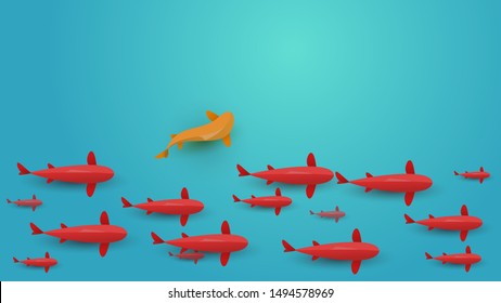 Red fish swim in water. Vector japanese koi carp or golden fish in cartoon paper style. Top view. Minimalistic design illustration.