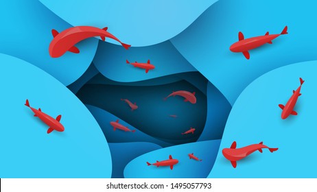 Red fish swim in water. Vector japanese koi carp or golden fish in cartoon paper style. Top view. Minimalistic design illustration.