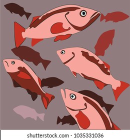 Red fish swimming in a school. Vector drawing.
