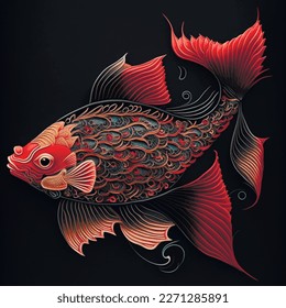 Red fish. Textured embroidery chinrse style vector background illustration. Decorative embroidered fish. Modern ornamental design. Ornate surface embroidered texture. For prints, applique, home decor.