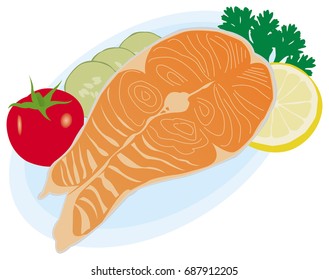 Red fish with vegetables on the plate