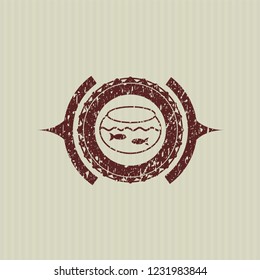 Red fishbowl with fish icon inside distress rubber grunge texture seal