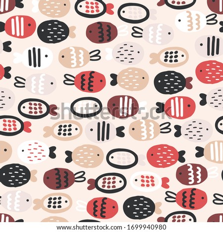 Red fishes. Cute seamless pattern. Creative undersea childish background. Pink bachground.