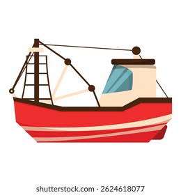 Red fishing boat floating on water, fishing industry, commercial fishing, seafood harvesting, marine navigation
