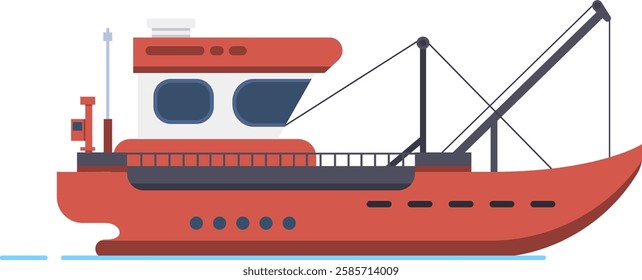 Red fishing boat sailing across the sea, showcasing a side view of a commercial fishing vessel, representing the seafood industry in a vibrant vector illustration