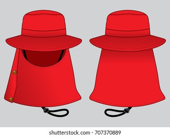 Red Fishing Bucket Hat With UV Protection Face-Neck Cover.Front and Back Views.