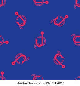 Red Fishing hook and worm icon isolated seamless pattern on blue background. Fishing tackle.  Vector